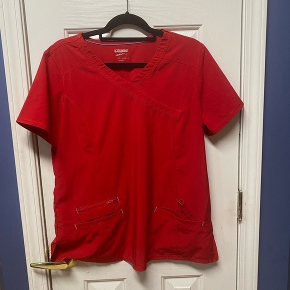 Scrubstar Premium Stretch Scrub Women Mock Wrap Red Chili Top Nurse Medical M - Picture 1 of 8